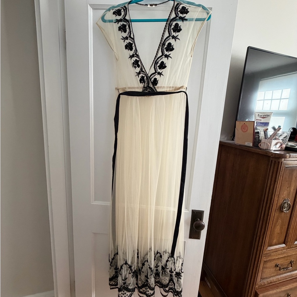 Vineet Bahl Sheer Cream Maxi Dress with Black Lace Embroidery and Embellishment - Picture 6 of 6